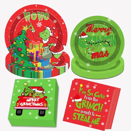 Weihnachtsfeier Dekorationen, 96 Stück Rote, Grüne und Weiße Teller Tassen Servietten für Weihnachtsthema Party Tischdekorationen (Rot) von YaYuanSun