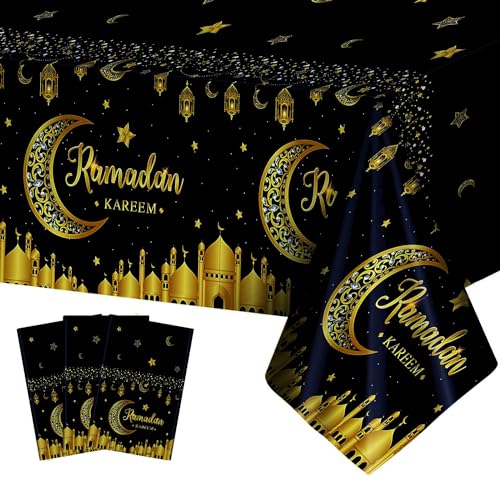 YaYuanSun 3 Stück Ramadan Mubarak Tischtücher Kunststoff Einweg Rechteck RamadanTischdecke Eid Al-fitr Party Tischdecken für Eid Al-Adha Mubarak Dekorationen Home Ramadan Party Favors (Schwarz,Gold) von YaYuanSun