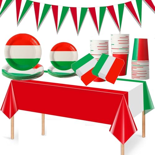 YaYuanSun Italienische Flagge Party-Set, Rot, Weiß, Grün, 20 Speiseteller (9 & 7 Zoll), 20 Servietten, 20 Tassen, 1 Tischdecke, 1 Banner, für Geburtstage & Familientreffen von YaYuanSun