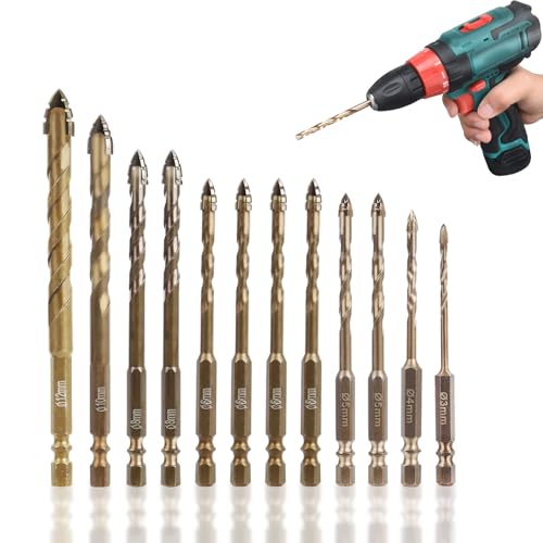 12 Teiliger Neuer Vierschneidiger Sägezahn-Exzenterbohrer, Vierschneidiger Gezackter Exzenterbohrer, Multifunktions Bohrer-Set für Keramik Beton Holz, 3/4/5/6/8/10/12 mm (A) von Yabound