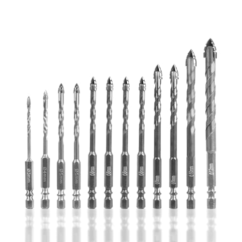 12 Teiliger Neuer Vierschneidiger Sägezahn-Exzenterbohrer, Vierschneidiger Gezackter Exzenterbohrer, Multifunktions Bohrer-Set für Keramik Beton Holz, 3/4/5/6/8/10/12 mm (B) von Yabound