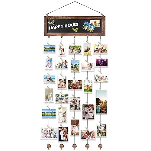 Yabound Bilderrahmen Collagen, Holz Hängender Bilderrahmen mit 30 Klemmen 5 Hanfseil und 3 Magneten, Fotowand Multi Bilder Organizer für Geschenk Geburtstag, Party, Hochzeit von Yabound