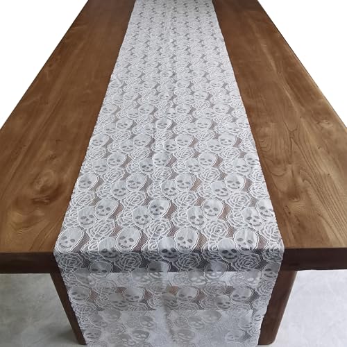 Yachirobi Spitzen-Tischläufer für Esstischdekoration, weißer Totenkopf und Rosenmuster, Spitzenmaterial für Party-Dekoration, 35,6 x 183,9 cm, rechteckiger Spitzenstoff für Hochzeitsdekoration, 2 Yachirobi Spitzen-Tischläufer für Esstischdekoration, weißer Totenkopf und Rosenmuster, Spitzenmaterial für Party-Dekoration, 35,6 x 183,9 cm, rechteckiger Spitzenstoff für Hochzeitsdekoration, 2 von Yachirobi