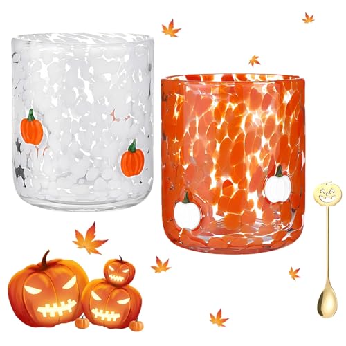 Yagerod 2 Stück Halloween Icon Saftgläser, zweifarbiges mundgeblasenes 14oz Icon Trinkkürbis-Gläser-Set ohne Stiel, Anthropologie-Glaswaren, ideale Halloween-Party-Dekoration(A) von Yagerod