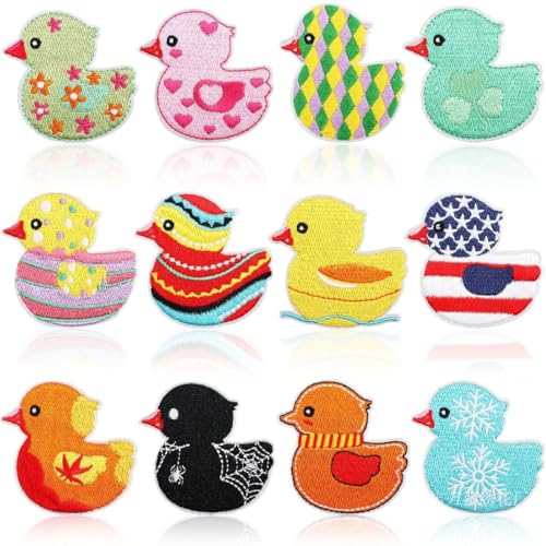 12 Stück kleine Ente bestickte Flicken niedliche gelbe kleine Ente zum Aufbügeln für Kleidung Kleid Jacken Kappen DIY Stickerei Patches Nähen Handwerk Dekoration (mehrfarbig) von Yakiki
