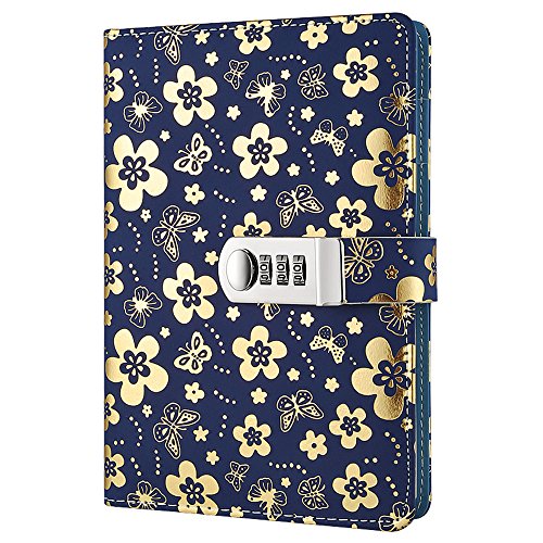 Leder Tagebuch Journal Vintage Notizblöcke,Passwort Tagebuch Notizblock, Secret Tagebuch Notizbuch mit Kombinationsschloss TPN102 Golden flowers von Yakri