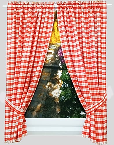 Yaland Blickdichter Vorhänge mit Karo-Muster Landhaus Gardinen Vintage Bistrogardinen mit Kräuselband oder Stangedurchzug Wohnzimmer Gardinenschals mit Raffhalter (BxH 100x140cm, rot) 2 Stück von Yaland