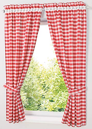 Yaland Blickdichter Vorhänge mit Karo-Muster Landhaus Gardinen Wohnzimmer Gardinenschals mit Raffhalter (BxH 100x100cm, rot) 2 Stück von Yaland