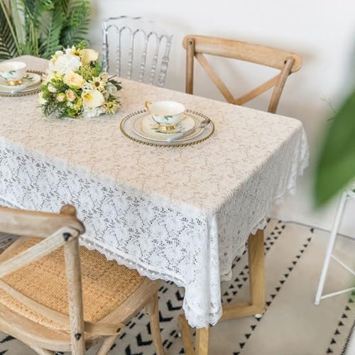 Yaland Jacquard Tischdecke Landhausstil mit Blumenmuster Spitzenoptik sanfte Garten Tischwäsche mit Spitzenkante Tischtuch für Draußen Esszimmer, Küche LxB 200x140cm von Yaland