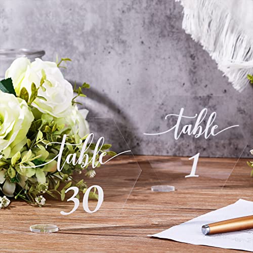 30 Stück Acryl Hochzeit Tischnummern mit Ständer, sechseckig, bedruckt, klares Acryl-Tischnummernhalter, 1-30 Set, Tischnummernschilder für Hochzeit, Empfang, Veranstaltung, Party, Restaurant von Yalikop