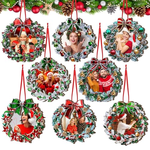 Yalikop 16 Stück Weihnachts-Bilderrahmen Ornamente Holz Weihnachtsmann Schneemann Schneeflocke Bilderrahmen Baumschmuck DIY Foto Andenken für Xmas Party Dekorationen Winter Urlaub Geschenke (Kranz) von Yalikop