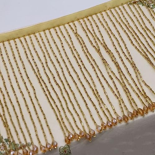 Yalulu 1 Yard Perlen Quaste Fransenbesatz Fransenborte, Glasperlen Fransen Quaste Fransenborte Kostüm Quaste Trimmen Garment Apparel Spitzenborte Nähzubehör (Gold) von Yalulu