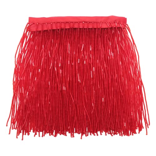 Yalulu 1 Yards Fransenborte mit Perlen, 15cm breit, Lange Glasperlen Fransen Spitze Besatz Quastenband Dekoration für Kleider, Kleidung und Bastelarbeiten (Rot) von Yalulu