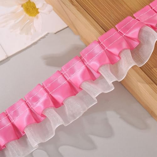 Yalulu 10 Yards Doppelschicht Rüschen Spitzenbesatz Plissiertes Chiffon Borte, Rüschen, Spitzenborte, DIY, Kleid, Kleidung, Kragen, Nähdekoration (Rosenrot) von Yalulu