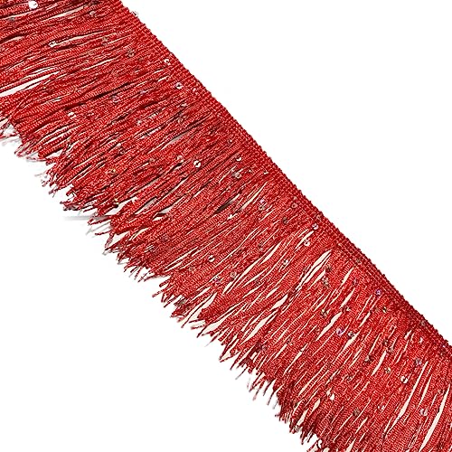 Yalulu 10 Yards Pailletten Fransenbesatz Fransenborte, Quasten Chainette Fransenbesatz mit Pailletten, Fransenband fur DIY Nähzubehör Kostüm Trimmen Apparel (Rot) von Yalulu