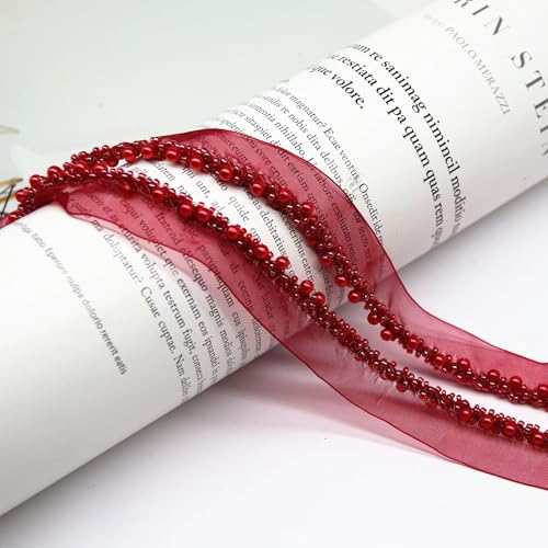 Yalulu 10 Yards Perlenband Vintage, Kordelband Dekoband Zierband Geschenkband Spitzenband mit Perlen für DIY Handwerk Kleidung Nähzubehör (Dunkelrot) von Yalulu
