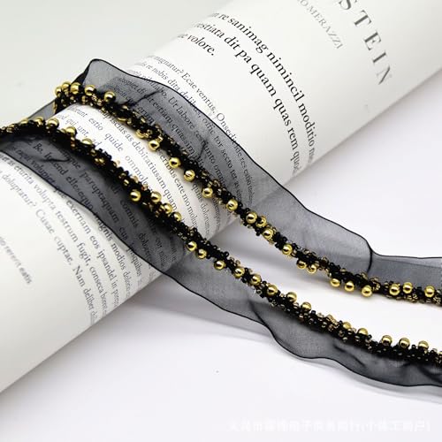 Yalulu 10 Yards Perlenband Vintage, Kordelband Dekoband Zierband Geschenkband Spitzenband mit Perlen für DIY Handwerk Kleidung Nähzubehör (Schwarz-Gold) von Yalulu