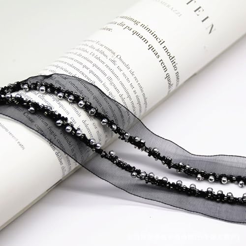 Yalulu 10 Yards Perlenband Vintage, Kordelband Dekoband Zierband Geschenkband Spitzenband mit Perlen für DIY Handwerk Kleidung Nähzubehör (Schwarz-Silber) von Yalulu