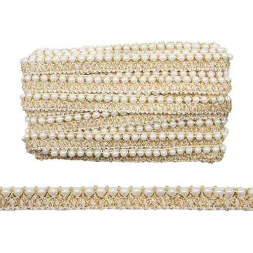 Yalulu 10 Yards Perlenbesatz Spitzenband 15mm breit Kordelband Dekoband Zierband Geschenkband Perlenfransen für DIY Handwerk Kleidung Dekoration (Gold) von Yalulu