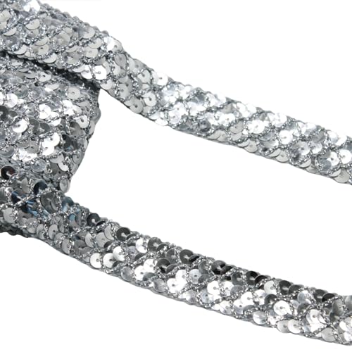 Yalulu 13 Meter 2cm Breite Paillettenbesatz Paillettenborte Spitzenbesatz Glitzerborte Metallische Paillettenband Pailletten Bänder, für Kleidung, DIY-Projekte (Silber) von Yalulu