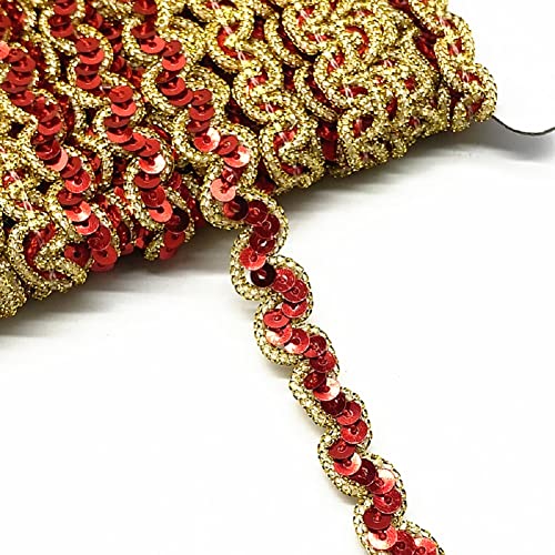 Yalulu 13 Yards Wellen Glänzendes Pailletten Stoff Ribbon Applique Trim Spitzenband Paillettenband Glitzer Borte aus Dekoband Zierband DIY Nähen Bastelprojekte (Rot-Gold) von Yalulu