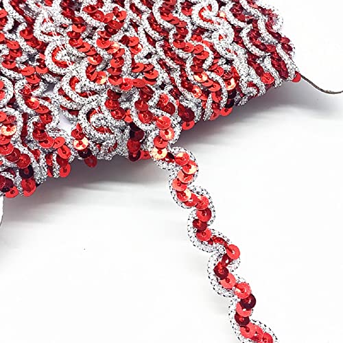 Yalulu 13 Yards Wellen Glänzendes Pailletten Stoff Ribbon Applique Trim Spitzenband Paillettenband Glitzer Borte aus Dekoband Zierband DIY Nähen Bastelprojekte (Rot-Silber) von Yalulu