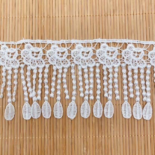 Yalulu 15 Yards Fransenborte Fransen Spitzenbesatz Bänder, Bestickte Borte Spitzenband, Spitzenrand Fransenband Kleidung, Accessoires, Vorhang, Heimdekoration (Weiß) von Yalulu