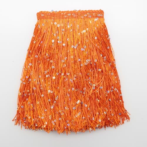 Yalulu 2 Meter Pailletten Quaste Fransenborte, Quastenborte Fransenbesatz Fransenband Tanzfransen Nähzubehör für Lateinisches Tanzkleid, Bühnenkleidung, Apparel (Orange) von Yalulu