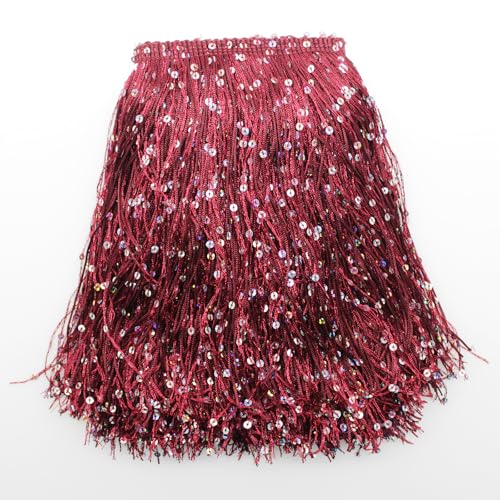 Yalulu 2 Meter Pailletten Quaste Fransenborte, Quastenborte Fransenbesatz Fransenband Tanzfransen Nähzubehör für Lateinisches Tanzkleid, Bühnenkleidung, Apparel (W-Rot) von Yalulu