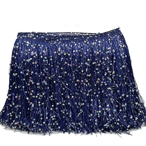 Yalulu 2 Meter Pailletten Quasten Fransenborte, Polyester Pailletten Bling Nähen Fransen Trim Metallic Pailletten Trim für Lateinamerikanische Tanzkleid DIY Kleidung Verzierung (Marineblau) von Yalulu