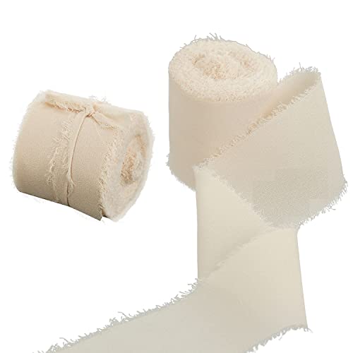 Yalulu 2 Rollen Handgemachtes Ausgefranstes Chiffonband, Dekoratives Band Chiffon-Seidenbänder für Hochzeitseinladungssträuße Geschenkverpackung Handwerk Dekoration (Beige) von Yalulu