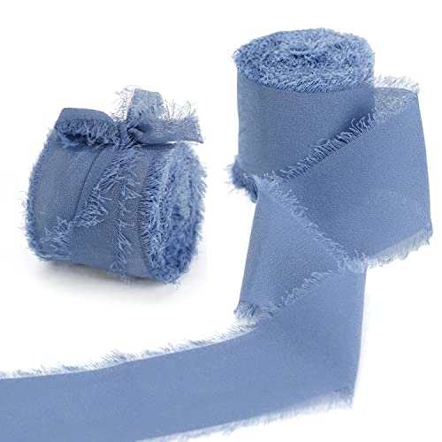 Yalulu 2 Rollen Handgemachtes Ausgefranstes Chiffonband, Dekoratives Band Chiffon-Seidenbänder für Hochzeitseinladungssträuße Geschenkverpackung Handwerk Dekoration (Blau) von Yalulu