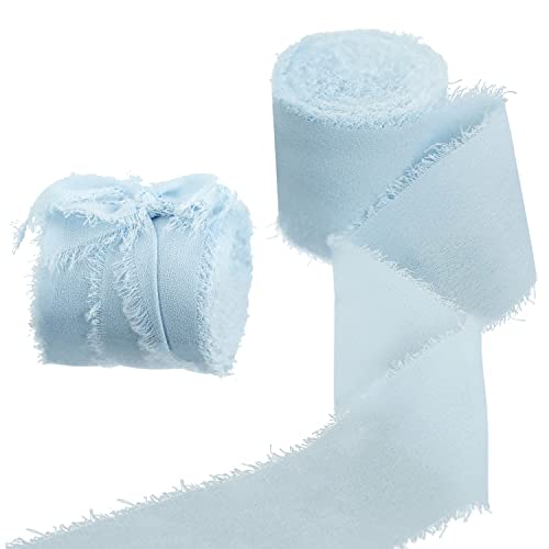 Yalulu 2 Rollen Handgemachtes Ausgefranstes Chiffonband, Dekoratives Band Chiffon-Seidenbänder für Hochzeitseinladungssträuße Geschenkverpackung Handwerk Dekoration (Hellblau) von Yalulu