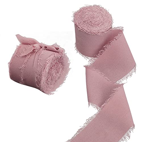 Yalulu 2 Rollen Handgemachtes Ausgefranstes Chiffonband, Dekoratives Band Chiffon-Seidenbänder für Hochzeitseinladungssträuße Geschenkverpackung Handwerk Dekoration (Rosa1) von Yalulu