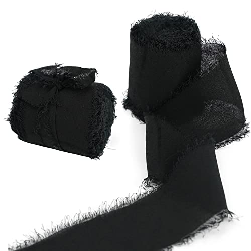 Yalulu 2 Rollen Handgemachtes Ausgefranstes Chiffonband, Dekoratives Band Chiffon-Seidenbänder für Hochzeitseinladungssträuße Geschenkverpackung Handwerk Dekoration (Schwarz) von Yalulu