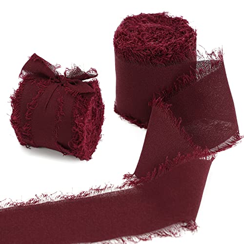 Yalulu 2 Rollen Handgemachtes Ausgefranstes Chiffonband, Dekoratives Band Chiffon-Seidenbänder für Hochzeitseinladungssträuße Geschenkverpackung Handwerk Dekoration (Weinrot) von Yalulu