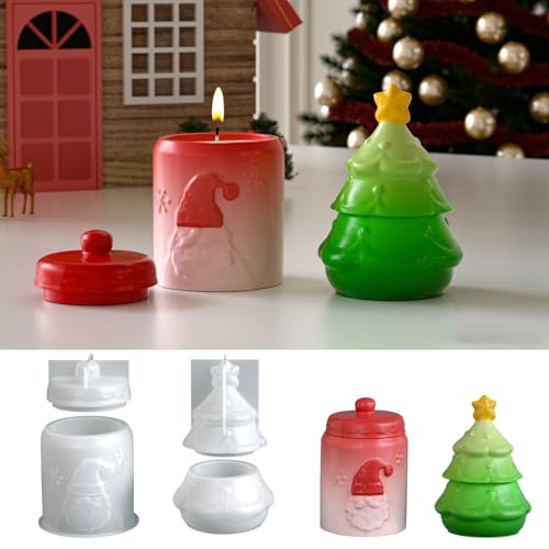 Yalulu 2 Stück Weihnachtsbaum Silikonform Kerzenhalter Silikonformen Gießformen Silikon Gießform Dose mit Deckel, Weihnachten Kerzenglas Gießformen, Weihnachtsmann Silikonform für Vorratsglas von Yalulu