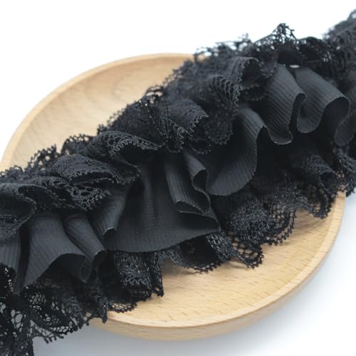 Yalulu 2 Yards 3D Falten-Chiffon-Stoff, Blumen Spitzenband Plissierte Spitzenborte, Rüschen Spitzenbänder Dekor Nähzubehör DIY Handwerk Handgefertigte Kostümdekoration (Schwarz) von Yalulu