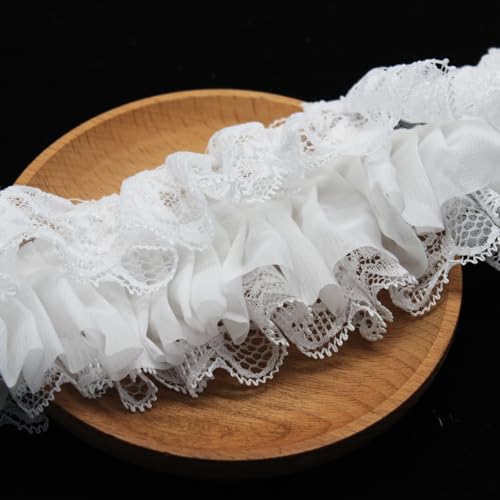 Yalulu 2 Yards 3D Falten-Chiffon-Stoff, Blumen Spitzenband Plissierte Spitzenborte, Rüschen Spitzenbänder Dekor Nähzubehör DIY Handwerk Handgefertigte Kostümdekoration (Weiß) von Yalulu