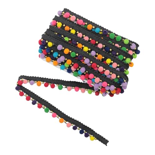 Yalulu 2 Yards Bunte Regenbogen-Bommel-Fransen-Band, Rainbow Pompom Bommelborte Fransen Quasten Trimm Bommelband (Schwarz 1 Reihe) von Yalulu