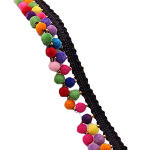 Yalulu 2 Yards Bunte Regenbogen-Bommel-Fransen-Band, Rainbow Pompom Bommelborte Fransen Quasten Trimm Bommelband (Schwarz 2 Reihe) von Yalulu