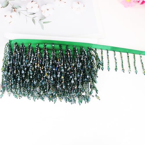 Yalulu 2 Yards Hängende Perlen Fransen Quaste Fransen Band, Anhänger Quaste Fransenborte Spitze Besatz Kugelquaste Borte Zierband Dekoborte (Grün) von Yalulu