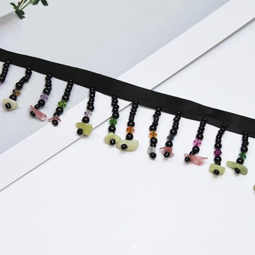 Yalulu 2 Yards Perlen Fransenbesatz 4cm Breit Farbige Steine Fransenborte Dekoborte mit Lange Anhänger Stoffbordüre Hängende Fransen Quastenband DIY Nähen Heimdekoration (Schwarz) von Yalulu