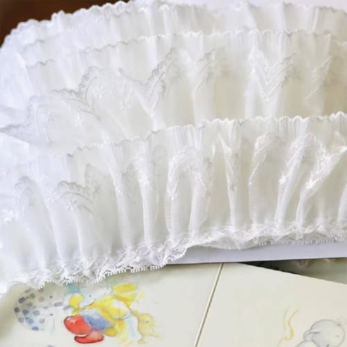 Yalulu 2 Yards Spitzenborte Spitzenband Spitzenstoffbesatz Rüschenbesatz Plissierte Organza-Fransenbänder Kantenbesätze Für Heimwerker-Näharbeiten Brauthochzeitskleid Dekoration (Weiß) von Yalulu