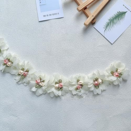 Yalulu 2.2 Yards/40 Stücke Blumen 3D Chiffon Cluster Blumen Spitzenborte Stoff zum Nähen, Blumen Spitzenband Bestickte Applikation (Beige) von Yalulu