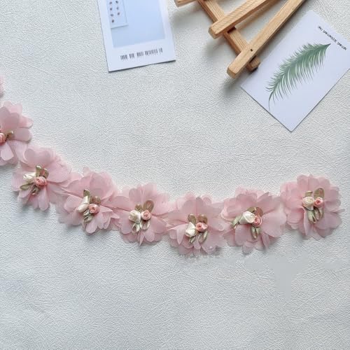 Yalulu 2.2 Yards/40 Stücke Blumen 3D Chiffon Cluster Blumen Spitzenborte Stoff zum Nähen, Blumen Spitzenband Bestickte Applikation (Rosa) von Yalulu