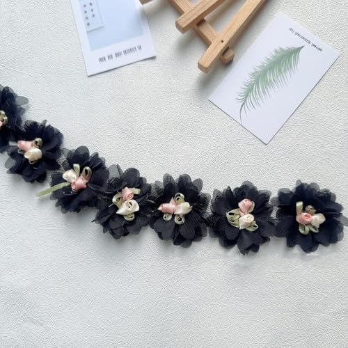 Yalulu 2.2 Yards/40 Stücke Blumen 3D Chiffon Cluster Blumen Spitzenborte Stoff zum Nähen, Blumen Spitzenband Bestickte Applikation (Schwarz) von Yalulu