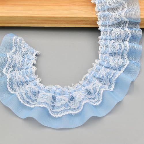Yalulu 20 Yards Plissierter Chiffon-Spitzenbesatz 5cm Breit Doppellagig Geraffter Rüschenbesatz Tüllbesatz Stoffband Chiffon-Spitzenband mit Spitzenbesatz (Blau) von Yalulu