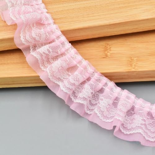 Yalulu 20 Yards Plissierter Chiffon-Spitzenbesatz 5cm Breit Doppellagig Geraffter Rüschenbesatz Tüllbesatz Stoffband Chiffon-Spitzenband mit Spitzenbesatz (Rosa) von Yalulu