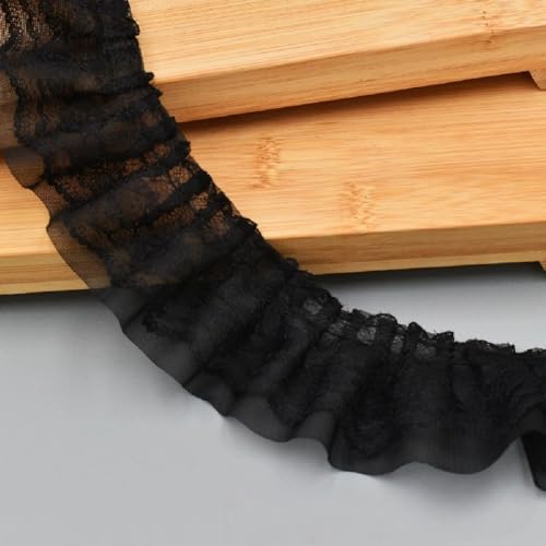 Yalulu 20 Yards Plissierter Chiffon-Spitzenbesatz 5cm Breit Doppellagig Geraffter Rüschenbesatz Tüllbesatz Stoffband Chiffon-Spitzenband mit Spitzenbesatz (Schwarz) von Yalulu